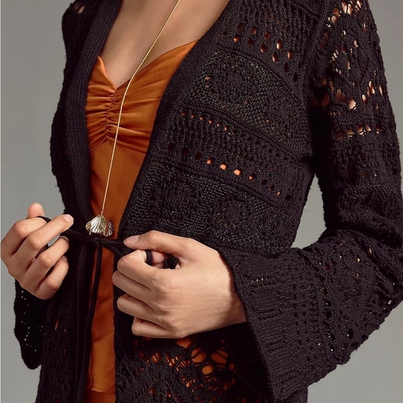 ANTHROPOLOGIE Pointelle Cardigan Sweater Long Sleeve Top Black Size S NWT - Picture 5 of 8